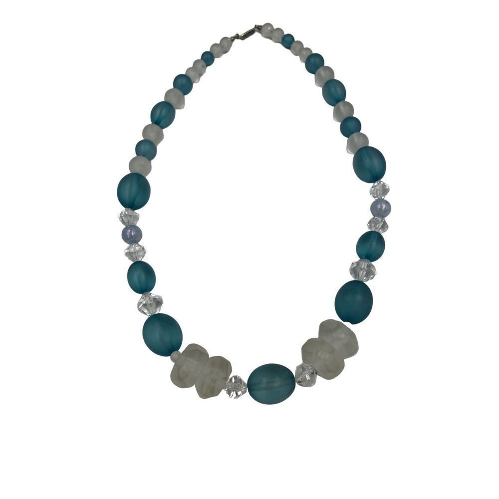 Dauplaise Necklace Graduated Blue Clear Frosted Beaded Necklace Vintage
